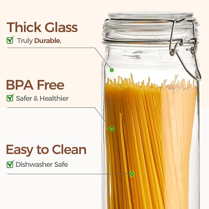 ComSaf Tall Glass Pasta Containers with Airtight Lids 68 oz 3 Pack Canister | Spaghetti linguine, Long pasta storage, Breadsticks, Vertical pantry organization, Cabinet organization, Dry food storage