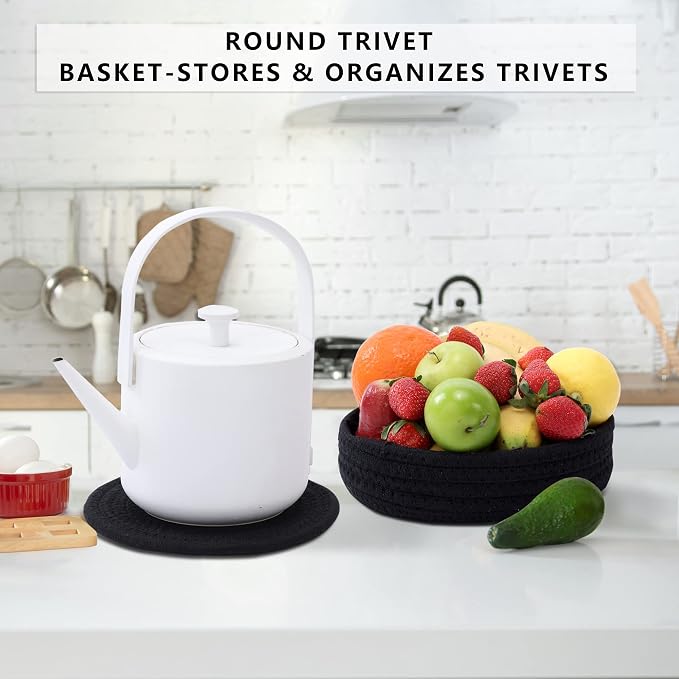 Coga Trivets for Hot Dishes, 5 Pack 7 Inch Cotton Hot Pads for Kitchen with Storage Basket, Round Pot Holders for Kitchen, Heat Resistant Mats for Countertop, Pots and Pans, Farmhouse Decor, Black