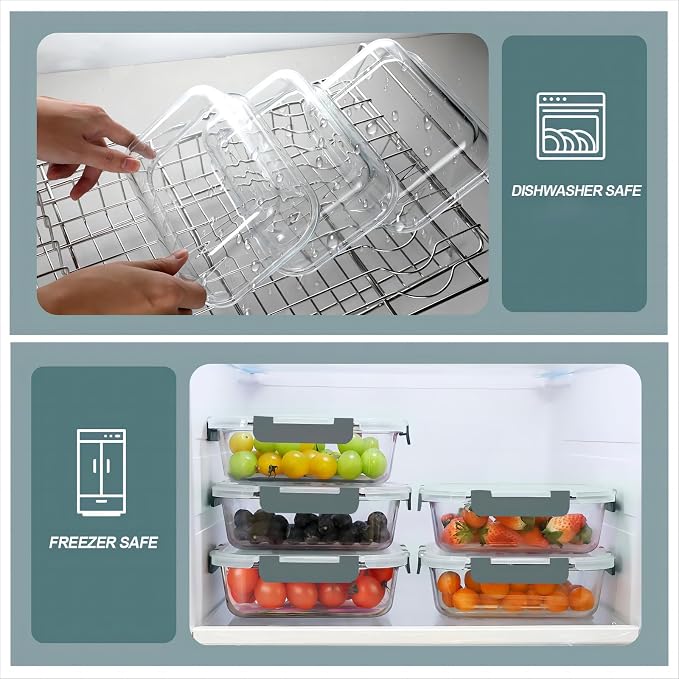 30 oz 5 Pack Glass Meal Prep Containers with Lids, Gray | Glass Food Storage Containers with Lids, Airtight Lunch Box, BPA-Free, Dishwasher, Microwave, Oven and Freezer Safe