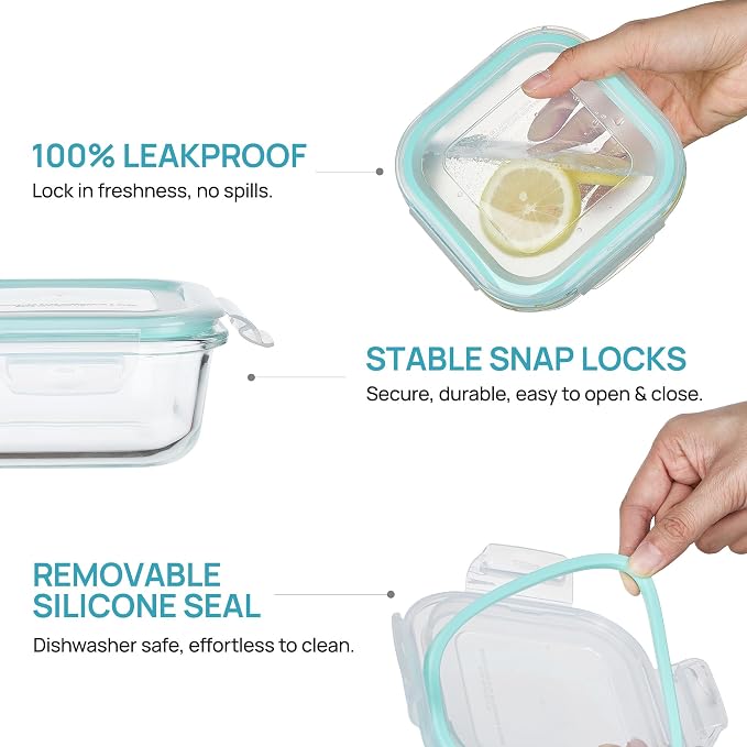 Vtopmart 5Pack 17.5oz Glass Storage Containers with Lids, Green | Glass Meal Prep Food Container Sets, Snap Airtight Lid, For Microwave, Oven, Freezer and Dishwasher, BPA Free
