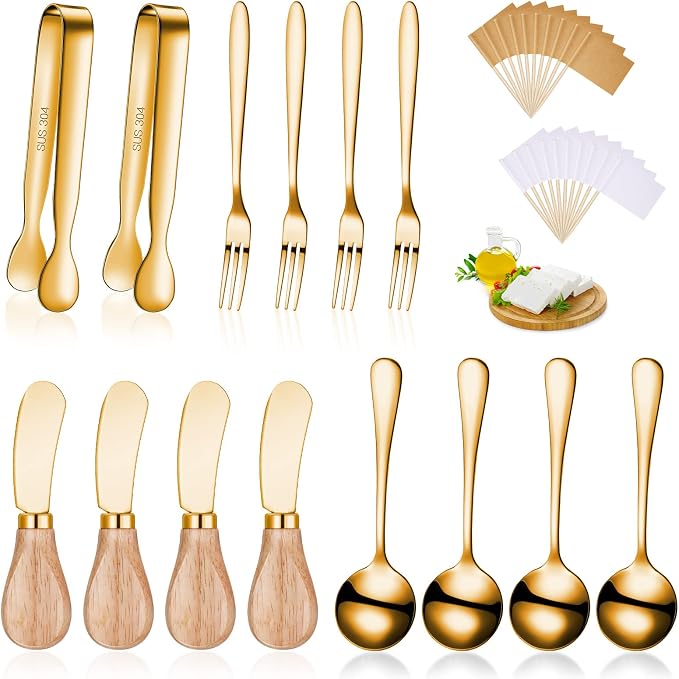 Cheese Butter Spreader Knives Set Charcuterie Accessories Stainless Steel Spreader Knives with Wooden Handles Charcuterie Boards Utensils Mini Serving Tongs Spoons and Forks (Gold,14 Pieces)