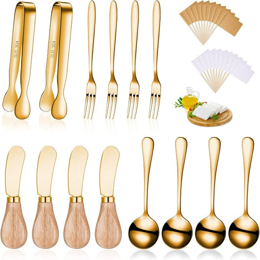 Cheese Butter Spreader Knives Set Charcuterie Accessories Stainless Steel Spreader Knives with Wooden Handles Charcuterie Boards Utensils Mini Serving Tongs Spoons and Forks (Gold,14 Pieces)