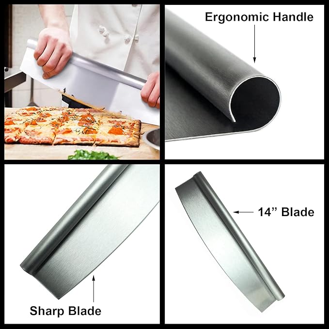 HUJI 14" Pizza Cutter Rocker Style Heavy Duty Knife Blade Non-Stick Sharp Stainless Steel Dishwasher Safe (2 Pack)