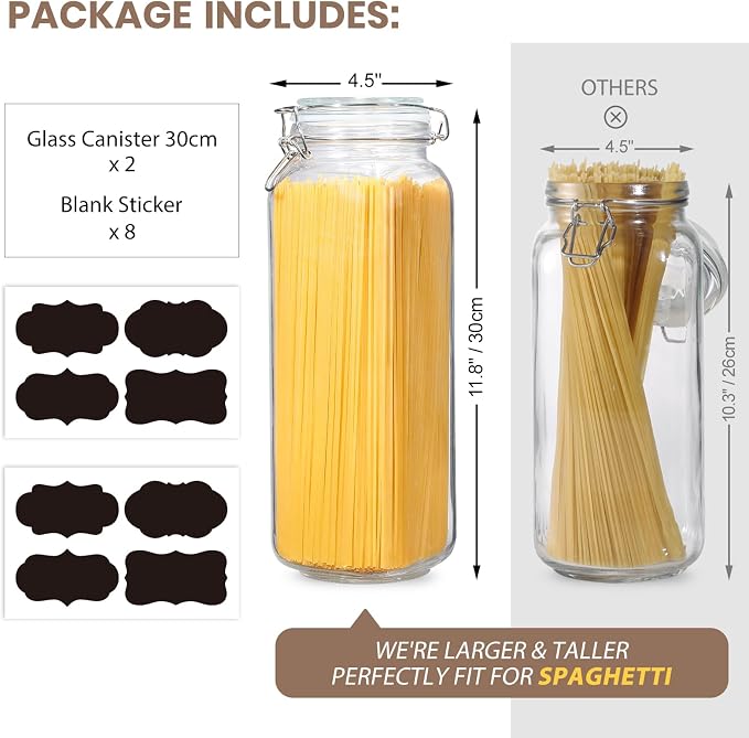 VITEVER [ Taller ] 92oz Glass Jars with Airtight Lid, Large Glass Food Storage Jars, 3 Pack Wide Mouth Airtight Glass Jars for Kitchen Pantry Spaghetti, Square Mason Jars with Labels