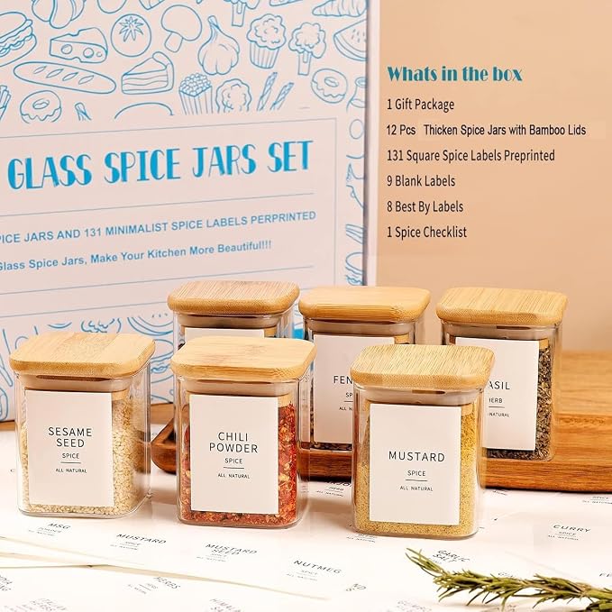 HHMJSM 12 Pcs Square Glass Spice Jars with Natural Bamboo Lids - 5oz Airtight Herb Containers with 148 Waterproof Minimalist Spice Labels Preprinted - Empty Small Seasoning Jars for Kitchen Pantry