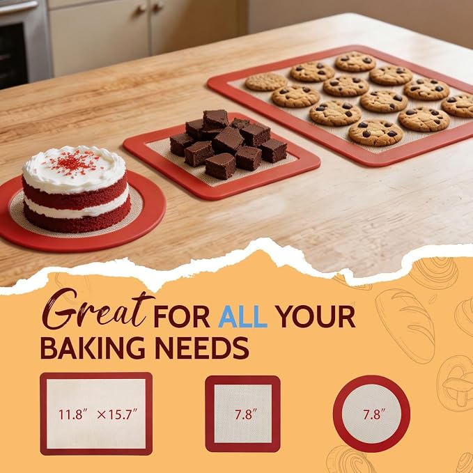 Silicone Baking Mat Set, Non-Stick Food Grade, Reusable 5PCS | Reusable baking mat set replaces parchment paper, helping reduce waste while making cleanup quick and easy.
