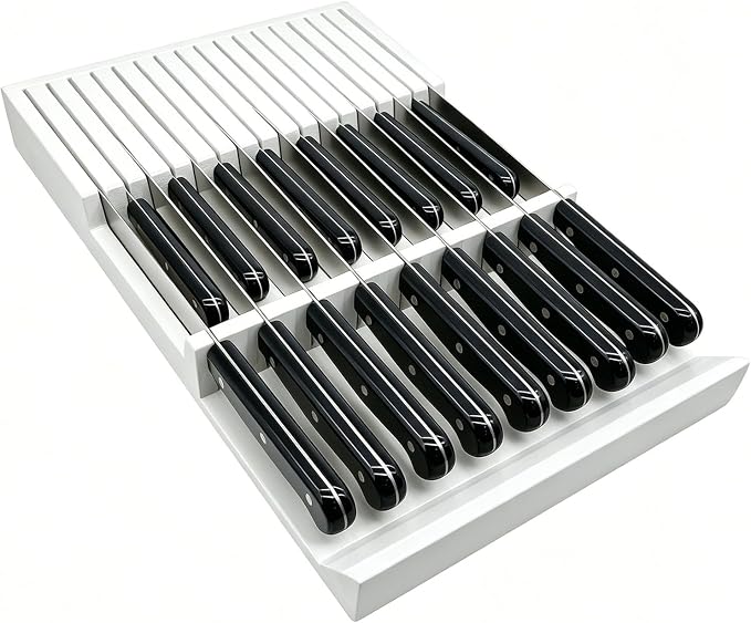 White Painted Bamboo In-Drawer Knife Block, 17 Slot Large Capacity Knife Organizer, Upper and Lower Kitchen Steak Knife Storage Rack - Holds 8 Short Knives + 9 Long Knives