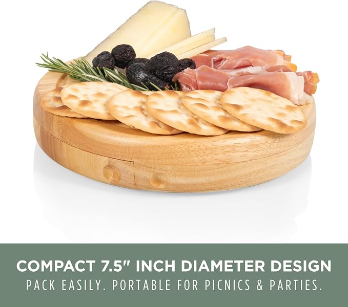 PICNIC TIME Brie Cheese Board and Knife Set, Novelty Charcuterie Board Set with Stainless Steel Tools and Juice Groove, Two-tiered, Swivel-Open Serving Platter, and Charcuterie Set, (Parawood)