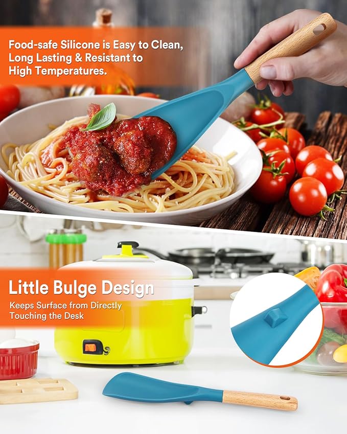 Cooking Spoon and Rice Scooper for Nonstick Cookwares, Great for Cooking and Serving Sturdy BPA-Free Matte Silicone, Wood Handle Spoon for Mixing, Scoop, and Scrape (Turquoise)