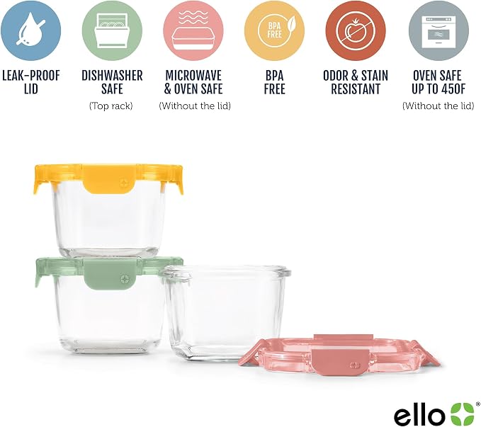 Ello Color Lock 2 Cup Glass Meal Prep Set with Lids, 3 Pack, Desert Festival