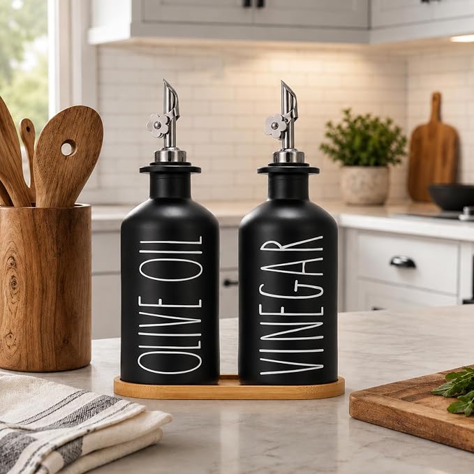 HOMCDALY Premium Olive Oil Dispenser for Kitchen, 11.8oz Glass Oil Bottles with Bamboo Tray, Black Oil&Vinegar Cruet Set, Kitchen Dispenser Bottles with Pourer | Set of 2 (11.8oz –P–Black)