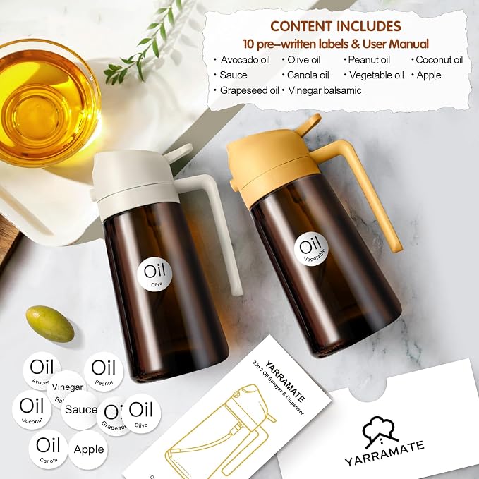 YARRAMATE 16oz/470ml Light Blocking Oil Sprayer for Cooking with Stickers, Food-Grade 2 in 1 Olive Oil Dispenser Bottle for Kitchen, Premium Dark Amber Glass Oil Bottle for Air Fryer, BBQ(White)