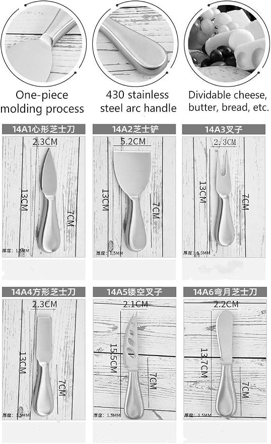 Linwnil 6 Pieces Set Cheese Knives, Steel Stainless Cheese Slicer Cheese Cutter Cheese Fork Light Weight One-Piece Silver Design