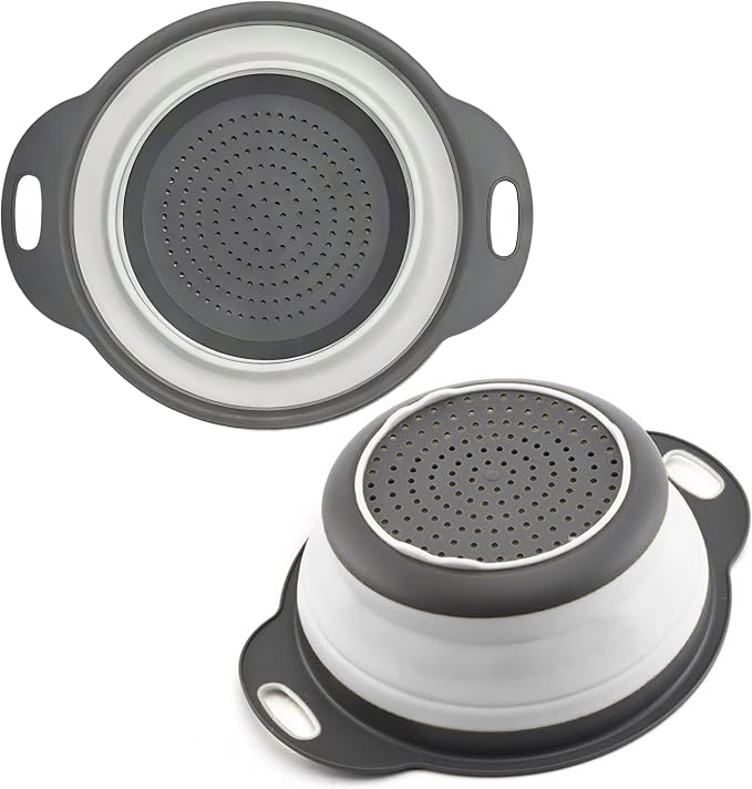 White Round Silicone Collapsible Colander – Silicone Round Kitchen Strainers with Plastic Handles Small Foldable Kitchen Strainer Perfect for Draining Pasta Vegetable and Fruit