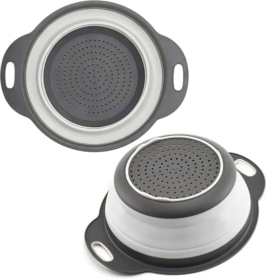 White Round Silicone Collapsible Colander – Silicone Round Kitchen Strainers with Plastic Handles Small Foldable Kitchen Strainer Perfect for Draining Pasta Vegetable and Fruit