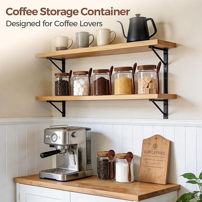 ComSaf Coffee Storage Canister with Acacia Wood Lids & Scoops 0.8Qt 2Pack | Glass Containers for Coffee Lover, Whole Beans Grounds Sugar, Coffee Bar & Office Tabletop, Jars with Labels, Lead-Free
