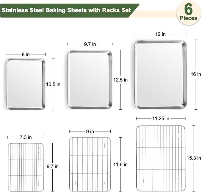 TeamFar Baking Sheet with Rack Set, 3 Pans + 3 Racks, 16/12.5/10.5 Inch | Stainless Steel Cookie Sheets Baking Pans Trays and Cooling Racks for Cooking, Non-Toxic & Heavy Duty, Dishwasher Safe
