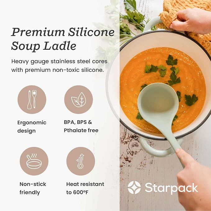 Starpack 'Ladle of Love' XL Premium Silicone Ladle Spoon - Up-to 600°F High Heat Resistant Soup Ladles - Kitchen Ladles for Serving, Non Stick Silicone Spoons, LFGB Grade Cooking Spoon - Sage Green