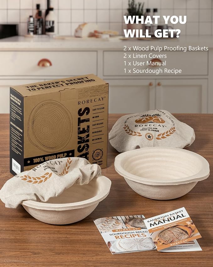 Wood Pulp Banneton Bread Proofing Baskets Set of 2, 7 Inch Round 1.1LB Sourdough Banneton Basket with Liner, Non-Stick Dough Proofing Bowl for Rising and Baking