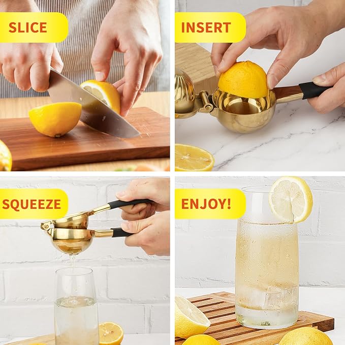 SHIKORI Lemon Squeezer, Large Heavy Duty Handhelp Juicer for Lemon, Stainless Steel Hand Press Citrus Juicer, Lime Squeezer Bar Tool, Manual Citrus Press (Gold & Black)