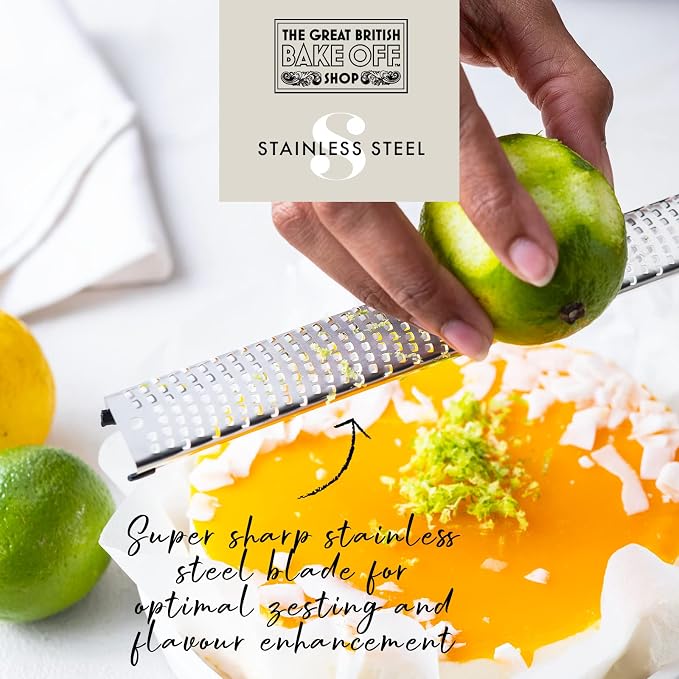 The Great British Bake Off Zester Grater Tool for Zesting Lemon & More Micro Planer for Finely Grating Garlic, Ginger, Nutmeg, Parmesan, Chocolate etc, Stainless Steel, Blue, Large