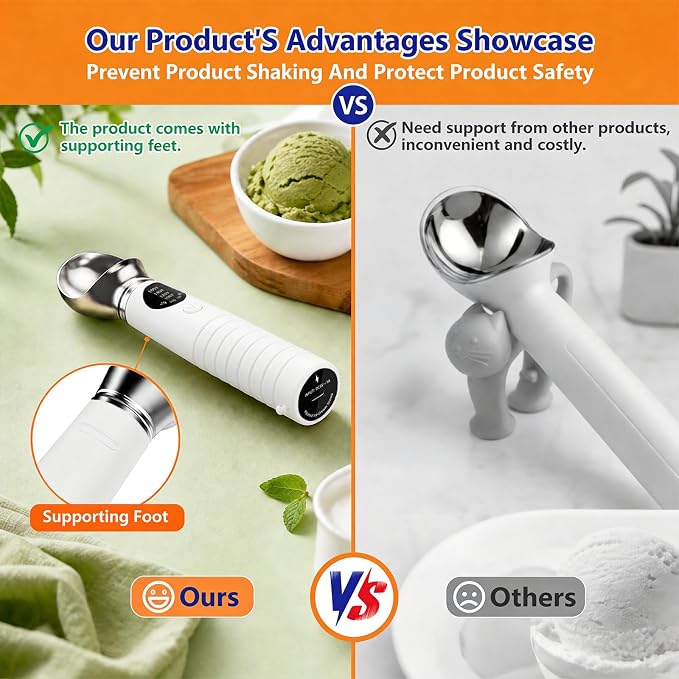 Heated Ice Cream Scoop Rechargeable, Electric Ice Cream Scooper with 4 Temp Modes & LED Display, Heats up to 160°F for Rock-Hard Ice Cream, IPX7 Waterproof Kitchen Gadget for Seniors & Kids (White)