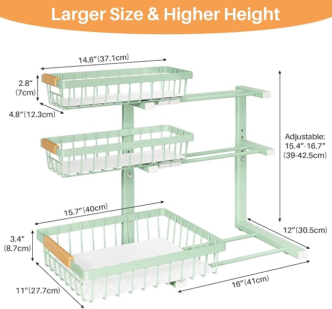 PXRACK Under Sink Organizer, 1-Pack 3-Tier Height Adjustable Thickened Metal Pull out Cabinet Organizer Shelf, Slide out Storage Drawer Rack for Bathroom Kitchen Pantry Home Organization, Green