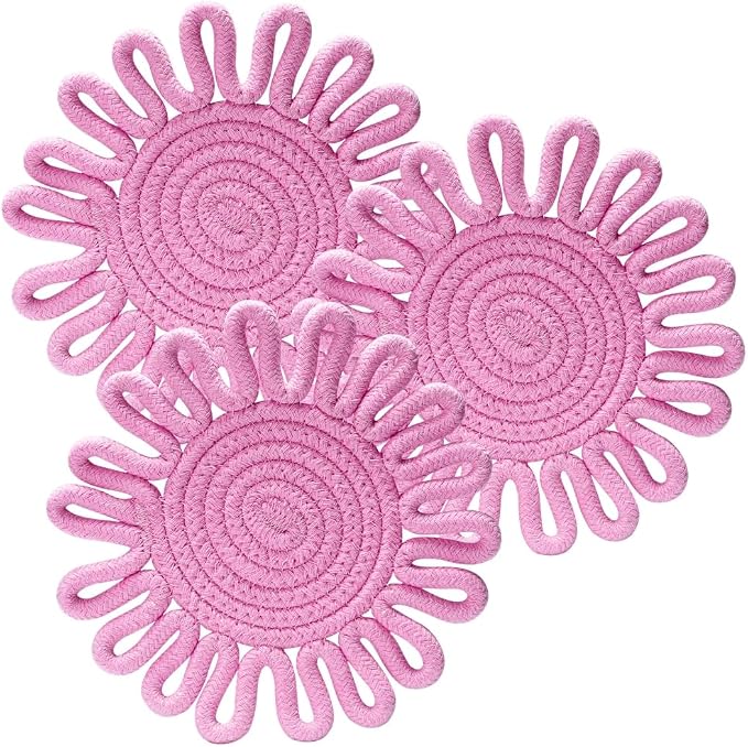 Kitchen Trivets for Hot Dishes Potholders for Countertop Hot Pads Hot Mats or Trivets for Hot Pots and Pans Home Essentials Boho Farmhouse Kitchen Decor Set of 3, 100% Cotton,7.5" (Light Pink)