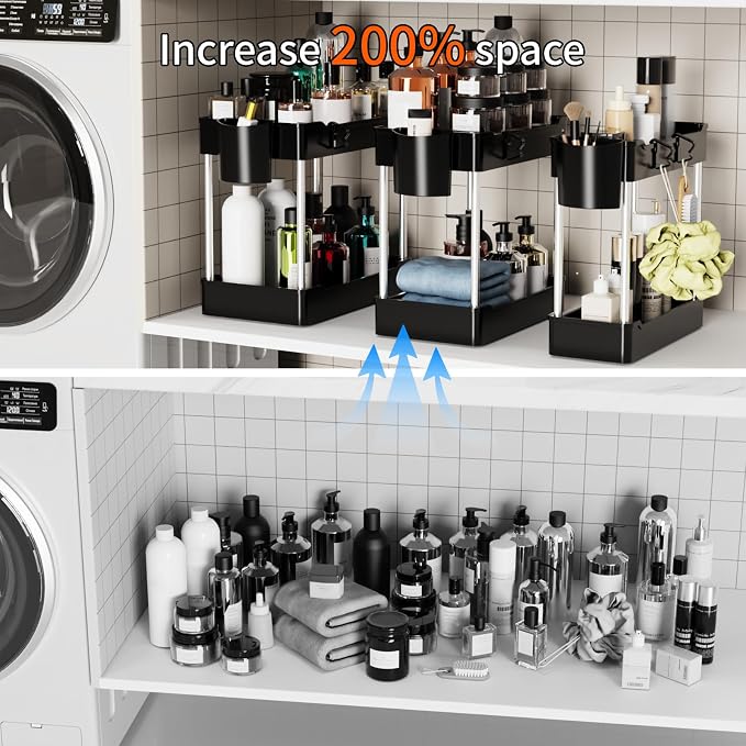 3 Pack Under Sink Organizer Bathroom and Storage Cabinet (Black) | 2 Tier with Hanging Cups for Kitchen