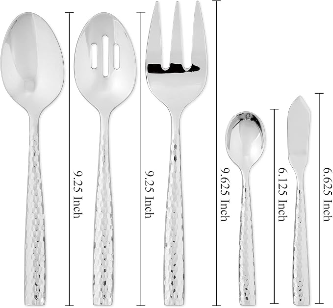 UPware 5-Piece 18/8 Stainless Steel Hostess Serving Set, Include Solid Spoon/Slotted Spoon/Serving Fork/Butter Knife/Sugar Spoon, Mirror Polished, Dishwasher Safe (Martello)