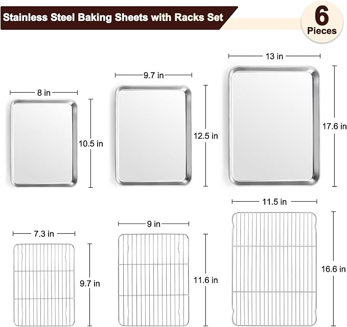 TeamFar Baking Sheet with Rack Set, 3 Pans + 3 Racks, 17.6/12.5/10.5 Inch | Stainless Steel Cookie Sheets Baking Pans Trays and Cooling Racks for Cooking, Non-Toxic & Heavy Duty, Dishwasher Safe