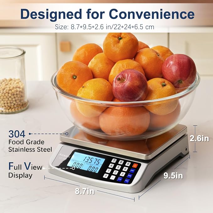 Atogou 66lb Food Scale, Commercial Kitchen Scale with Price Computing, Plug-in Usable, 0.05oz/1g, 304 Stainless Steel, for Cooking, Vegetables, Farm, Industry, Counting. LC300 Silver