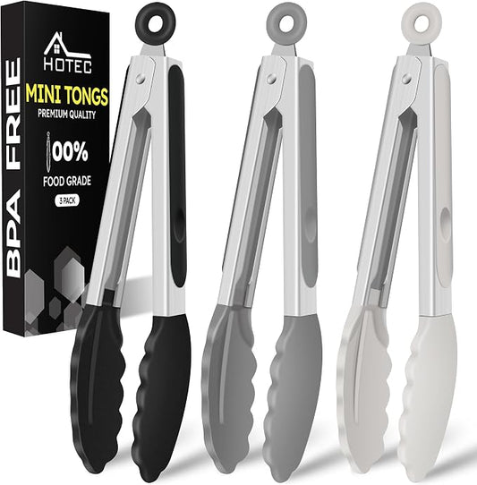 Hotec 7-Inch Mini Silicone Kitchen Tongs, Heat Resistant Non-Stick Small Serving Tongs with Silicone Tips, Food Safe Cooking Tongs Set of 3 (Black, Grey, White)