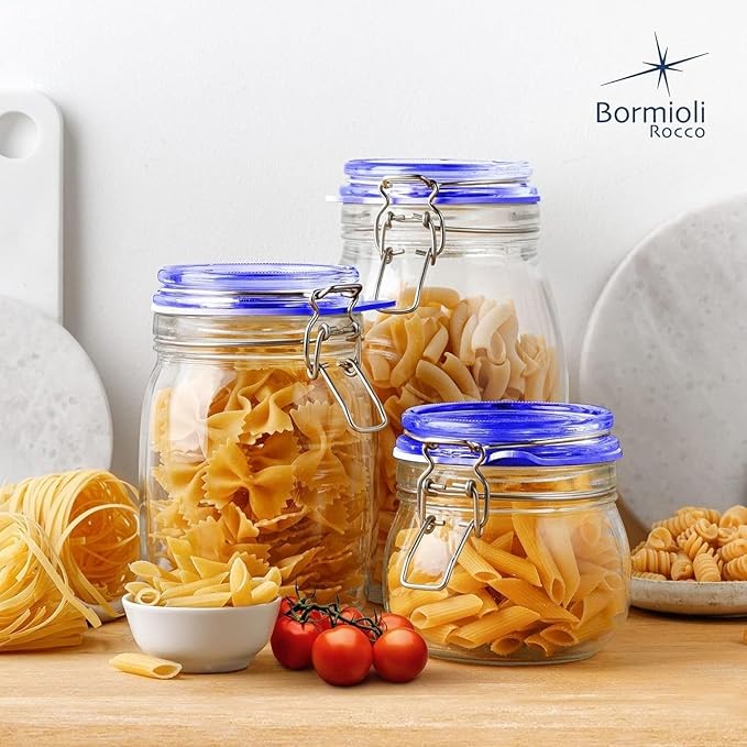 Bormioli Rocco Fido Glass Canning Jar, Blue Lid - 67.75 oz Airtight Container with Clamp Lock Canister for Preserving Vegetables, Sauces & Cooking “Au Bain-Marie” - Italian Glass, Dishwasher Safe