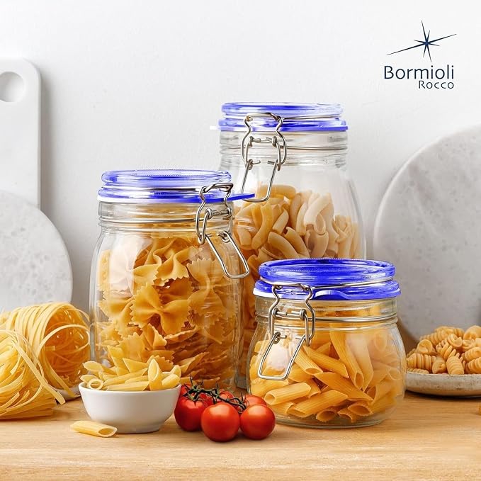 Bormioli Rocco Fido Glass Jar, Blue Lid - Food Storage Container with Airtight Seal - 17.5 oz Clamp Lock Canister for Dry Foods, Appetizers & Desserts - Italian Glass, Dishwasher Safe