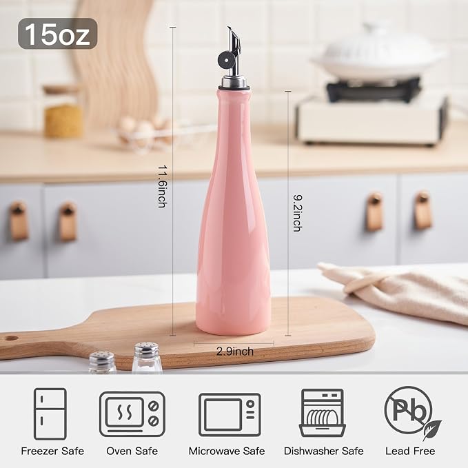 YOLIFE Olive Oil Dispenser Bottle, 15oz Ceramic Oil Dispenser for Kitchen | Oil Bottle with Gravity Spout, Leak Proof EVOO Dispensing Bottle with 2 Spouts and 1 Funnel for Vinegar, Juice(Red)