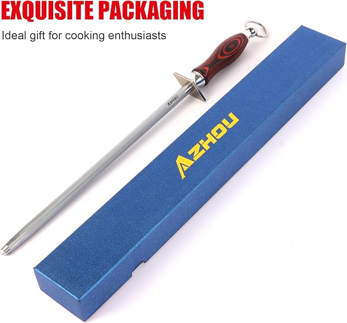 Azhou 12" Professional Knife Sharpener Steel Rod - High Carbon Steel (HRC 63), Fine 200 Grit for Kitchen & Chef Knives, Easy to Use with Non-Slip Wooden Handle & Gift Box