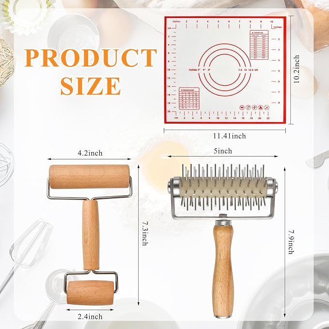 Set of 3 Pizza Kit Including Stainless Steel Pizza Dough Roller, Wooden Docker Rolling Pin and Non-slip Silicone Baking Mat, Dough Hole Maker for Cookie Pie Pastry Crust