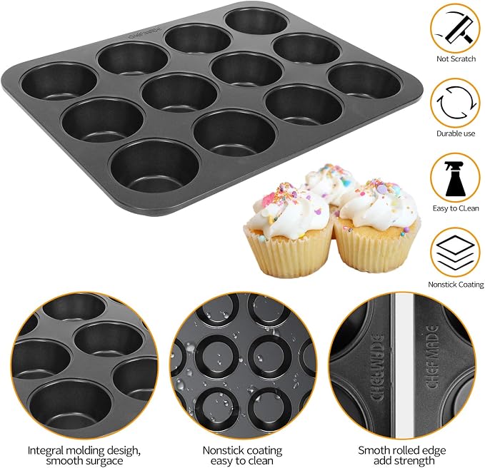 CHEFMADE 12 Cups Muffin Pan Set, 2 Packs Bakeware Non-Stick Cupcake Baking Pan Heavy Duty Carbon Steel Pan Muffin Tins Standard Baking Mold for Cakes