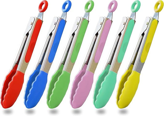 HINMAY Small Tongs Set 7-Inch Mini Tongs with Silicone Tips, Set of 6 (Red Blue Green Pink Mint Yellow) | Red Blue Green Pink Mint Yellow