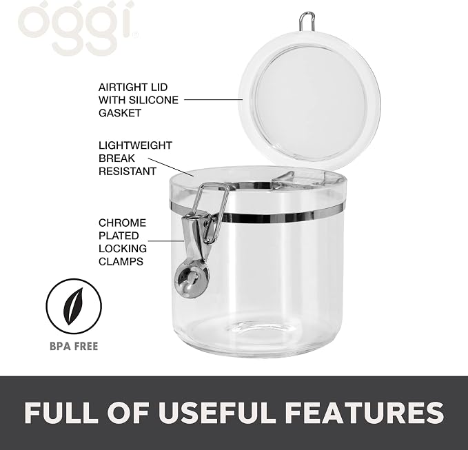 Oggi Clear Canister with Clamp Lid, 38 oz - Large Airtight Food Storage Container, for Kitchen & Pantry Storage of Bulk, Dry Foods Including Pasta, Flour, Sugar, Coffee, Rice, Tea, Spices & Herbs