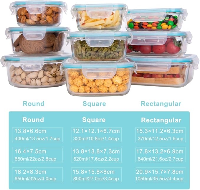 AILTEC Glass Food Storage Containers with Lids 9 Pack, 3 Shape Airtight Set | Ideal for Meal Prep, Lunch, Leak Proof, Borosilicate Glass Reusable, Microwave, Oven, Freezer Dishwasher Safe, BPA Free
