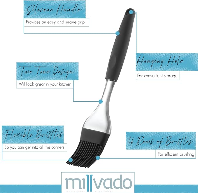 Millvado Silicone Basting Brush: Heat Resistant Cooking Brush for Oil and Sauce - Flexible Food Brush - Dishwasher Safe Basting Brush for Cooking - Black Silicone Pastry Brush/BBQ Brushes for Sauce
