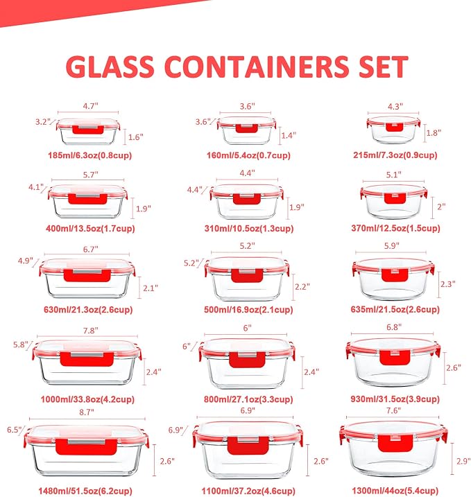 30 Pieces Glass Food Storage Containers Set, Red | Meal Prep Containers Set, Snap Locking Lids, Airtight Glass Lunch Containers, Microwave, Oven, Freezer & Dishwasher Safe