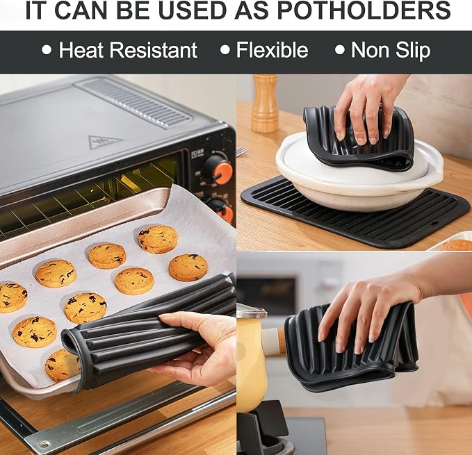 9"x12" Heat Resistant Silicone Trivets for Hot Pots and Pans, Hot Dishes | 2 PCS Large Multipurpose Non Slip Pot Holders Hot Pads Mats for Kitchen Countertop Table, Food Grade & BPA Free, Black
