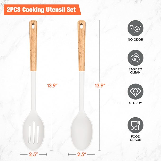 2 Pack Silicone Cooking Spoons, BPA Free, Wooden Handle Heat Resistant Solid & Slotted Spoons for Nonstick Cookware, Suitable for Scooping, Serving and Mixing (White) | BPA Free, Heat Resistant Kitchen Spoons, 13.9'' Length Nonstick Cookware for Cookin...