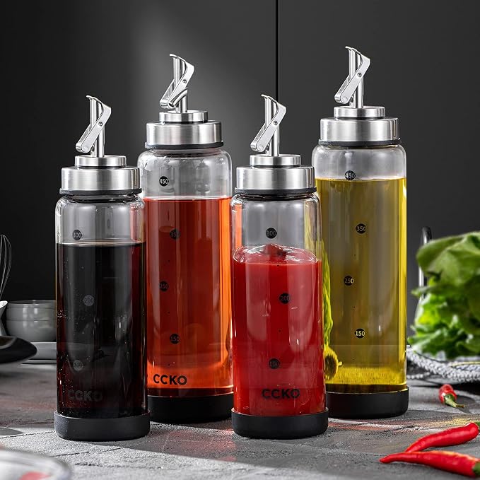 CCKO Glass Olive Oil Dispenser Bottle with Stainless Steel Spouts Shatterproof Glass Olive Oil Bottle 350ml Cooking Oil and Vinegar Cruet Bottle Container Carafe for Kitchen