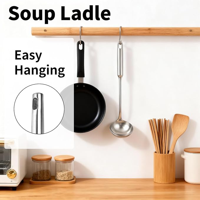 TBWHL Metal Soup Ladle 13.4" 304 Stainless Steel with Long Handle - Professional Kitchen Ladle with Ergonomic Handle & Perfect Balance for Gravy, Sauce & Broth
