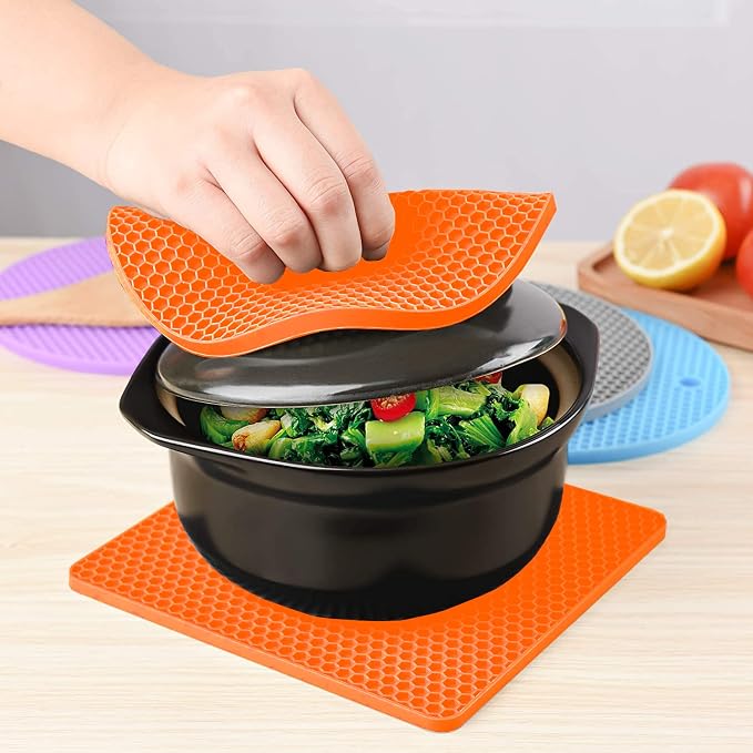 Silicone Trivet Pot Mat, Silicone Pot Holders for Hot Pan and Pot Pads. Heat Resistant Counter Mats for Tables Placemats,Countertops, Spoon Rest and Large Coasters (4Pack Orange)