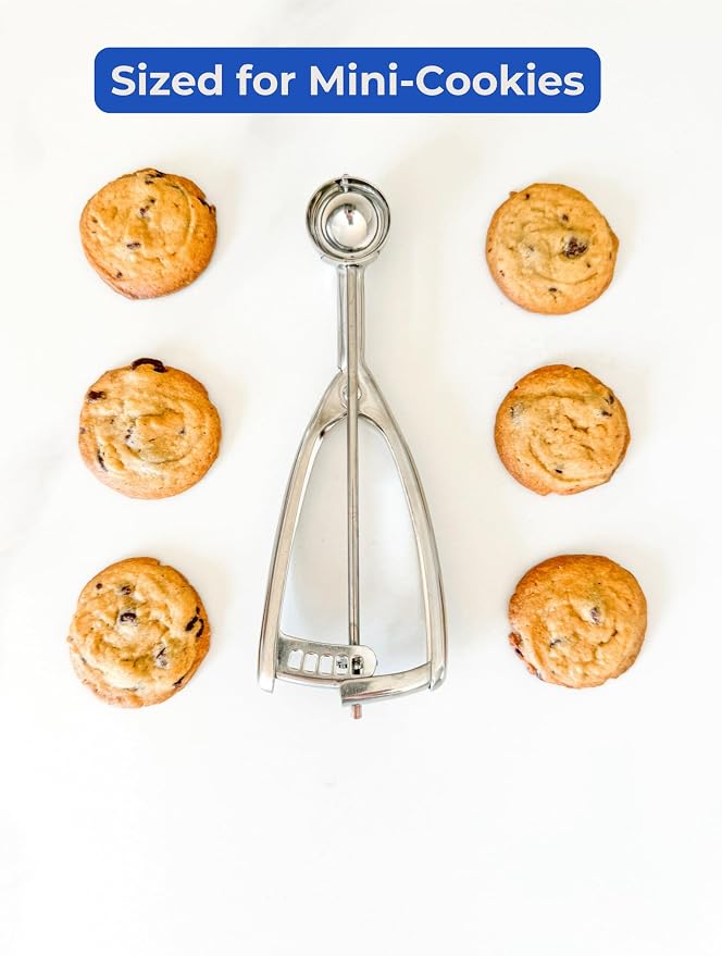 Jenaluca Small Cookie Scoop, 18/8 Stainless Steel, 2 Tsp, Size #100 | Disher for cookies, chocolate chip dough & melon balls. Squeeze-release handle. Right and left handed. Dishwasher safe.